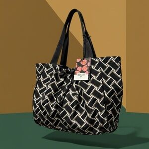 DVF Black Geometric Tote With Drawstring And Button Closure